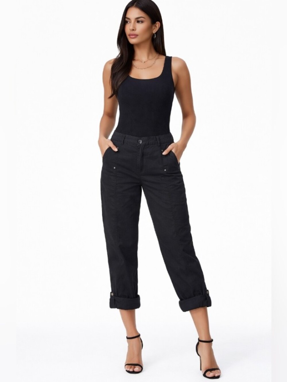 Chico's Black Cropped Rolled Hem Pants 2.5 Large 14 - Picture 10 of 13